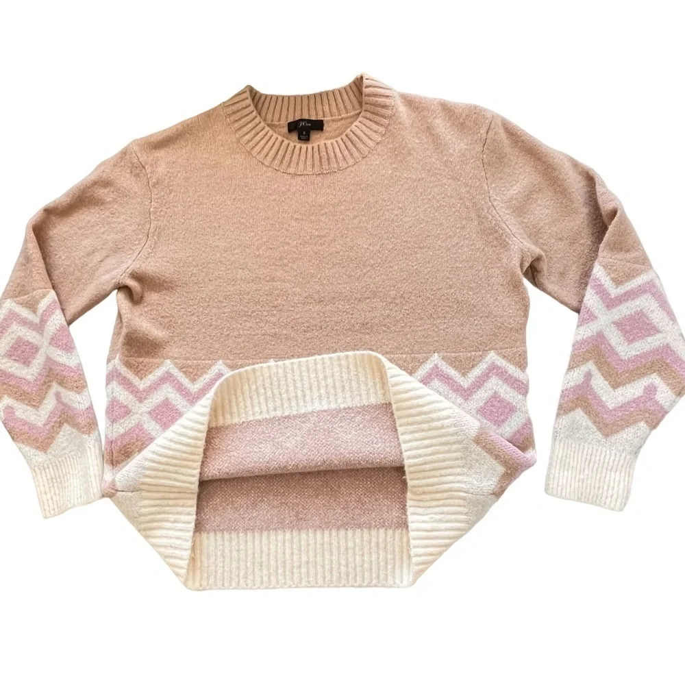 J. CREW Geometric Fair Isle Crewneck Sweater Heather Khaki Ivory Women's Size S